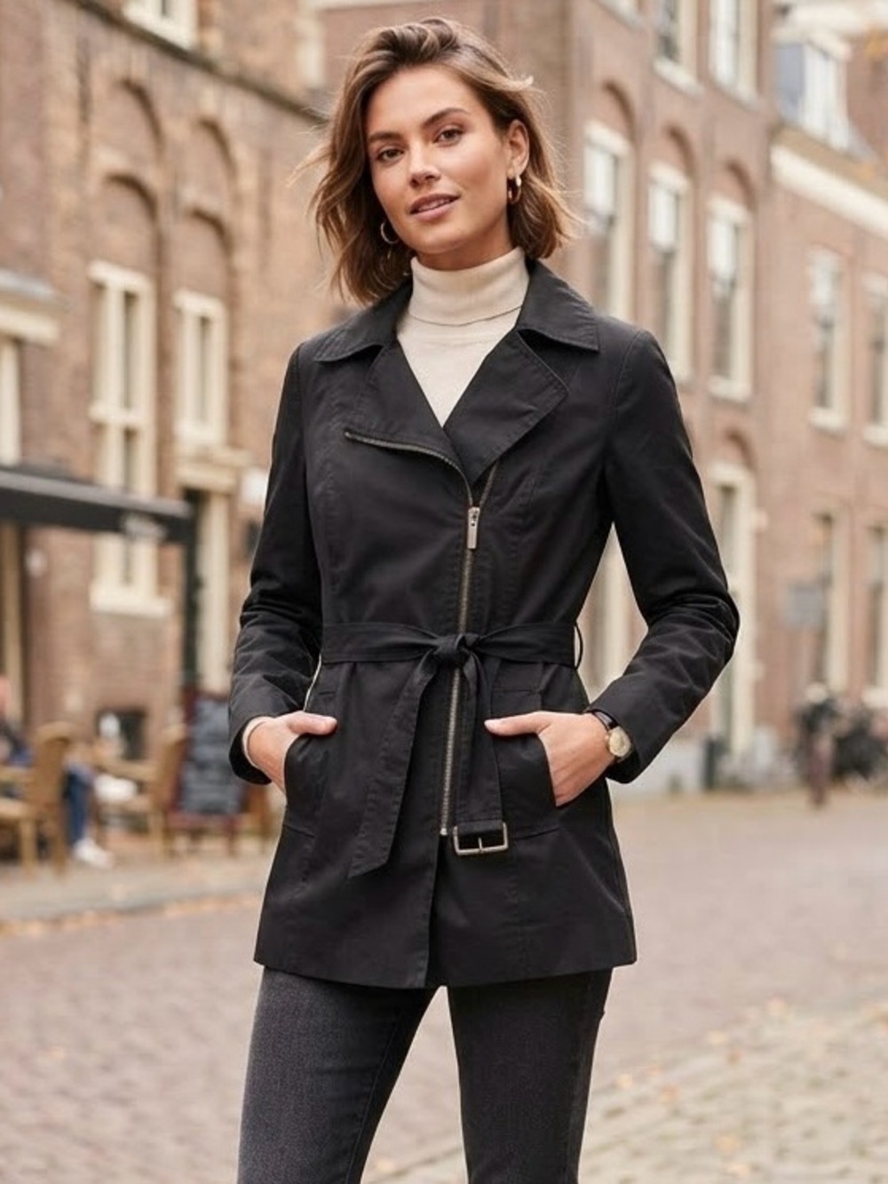 Mexx Metropolitan Black Asymmetrical Zip Trench Coat Jacket Classic Minimalist